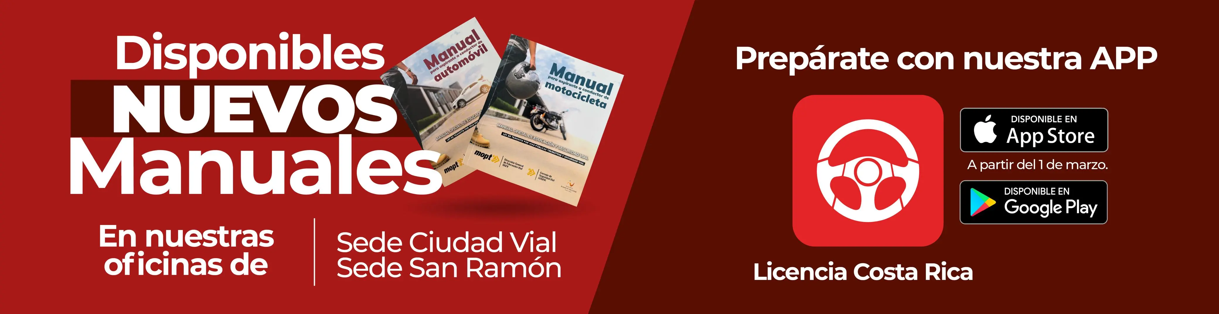 Disponibles nuevos manuales de conducir en nuestras sedes. Prepárate con la app Licencia Costa Rica disponible en App Store y Google Play.